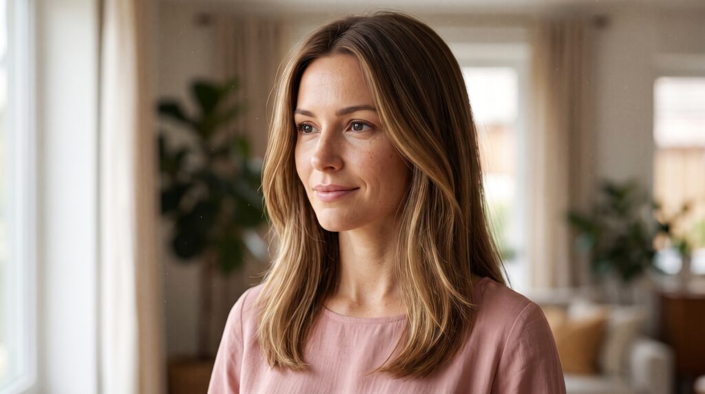 Mujer con cabello castaño claro y babylights finas alrededor del rostro, efecto aclarado por el sol