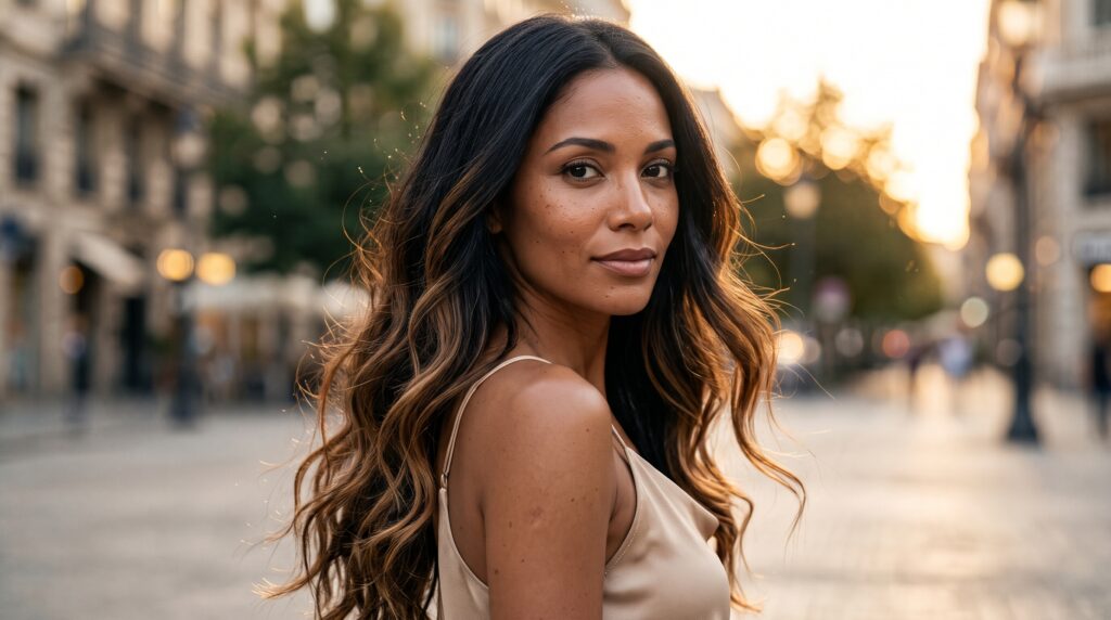 Mujer de cabello negro largo y ondulado con balayage caramelo de medios a puntas