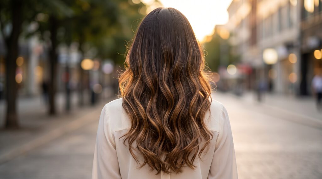 Mujer de espaldas con melena castaño oscuro ondulada y balayage caramelo en medios y puntas