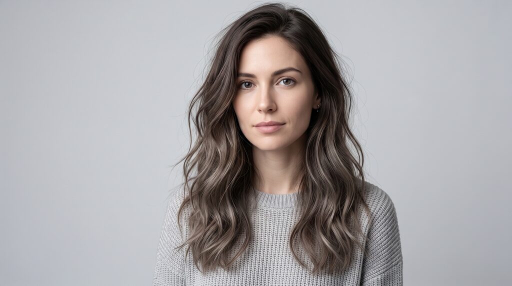 Mujer con melena larga castaño oscuro y balayage castaño ceniza frío peinada con ondas sueltas