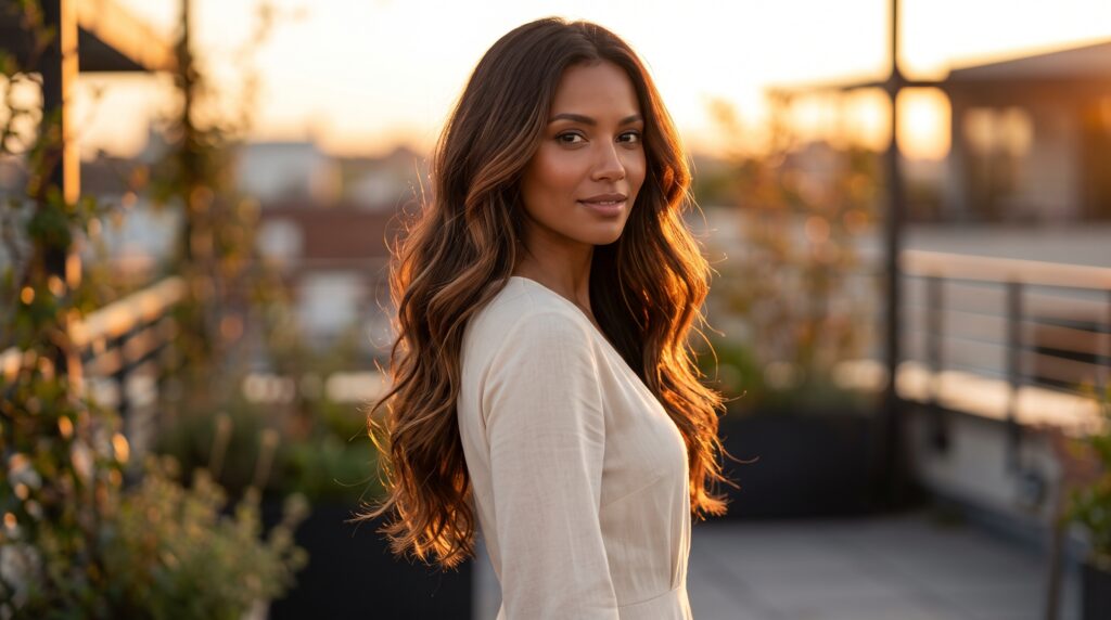 Mujer de piel morena con melena castaño chocolate y balayage cobre bronce iluminado por el sol