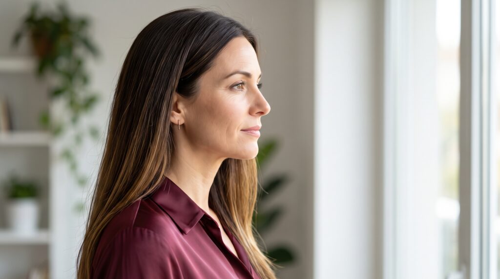 Mujer de perfil frente a una ventana con melena castaño oscuro brillante y balayage miel muy natural