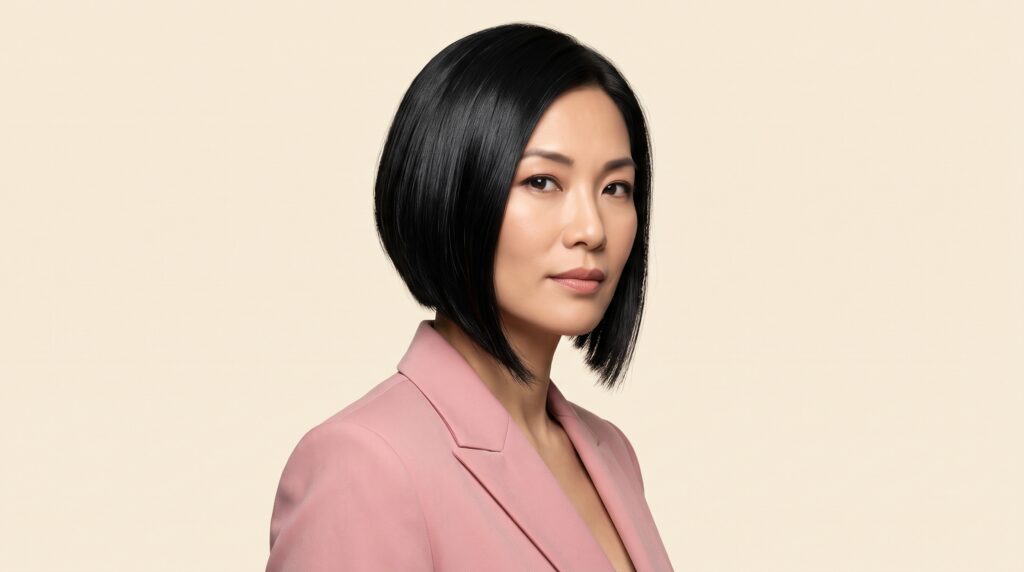 Mujer de cabello negro con bob asimétrico liso y brillante, más largo del lado de la raya