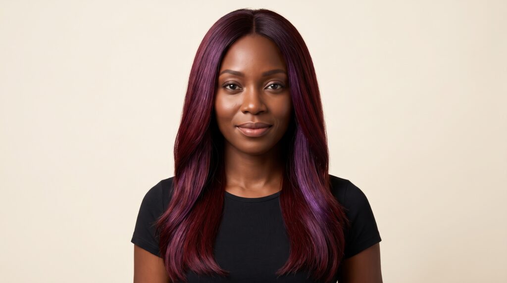 Mujer de cabello negro largo y liso teñido en caoba intenso con reflejos violeta bajo luz de estudio
