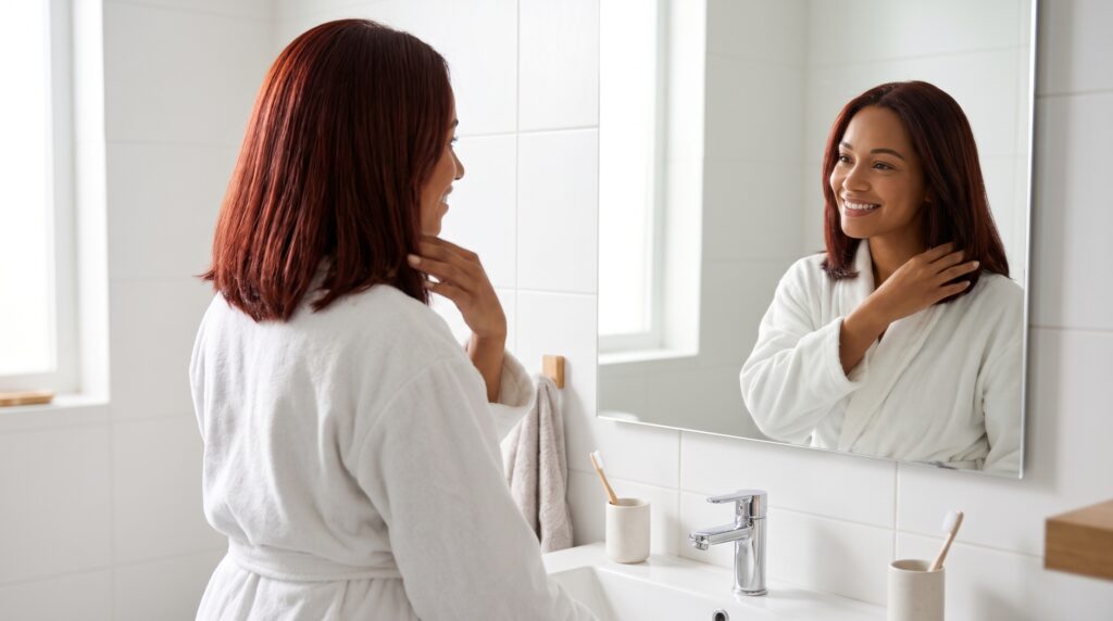 Mujer de cabello castaño rojizo recién teñido mirando su color frente al espejo de un baño luminoso