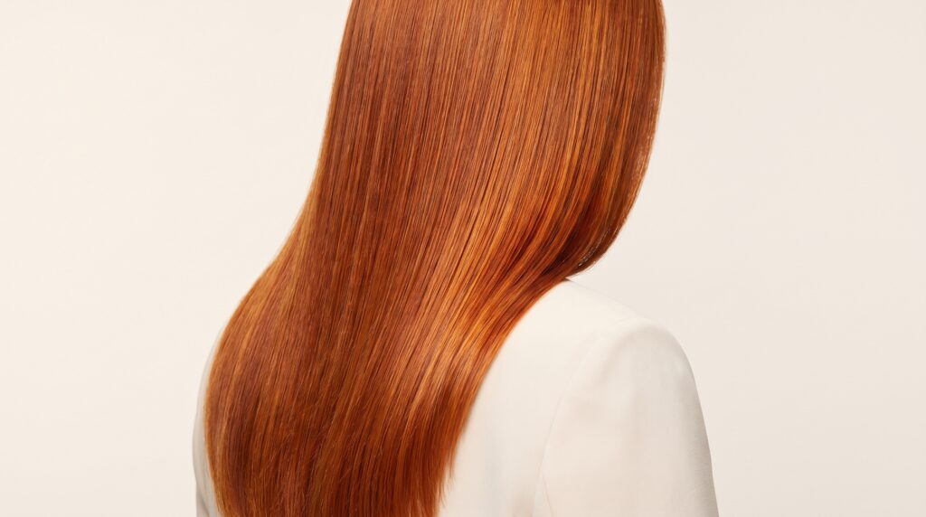 Primer plano de cabello cobrizo brillante y sano después de una mascarilla hidratante