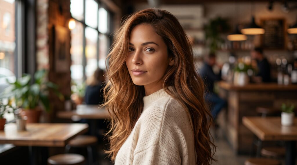 Mujer de piel morena clara con melena larga color canela, castaño rojizo cálido y brillante