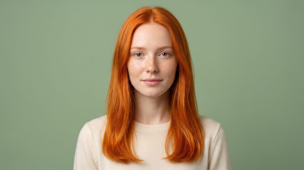 Mujer de piel muy clara con pecas y melena lisa color jengibre, pelirrojo anaranjado brillante