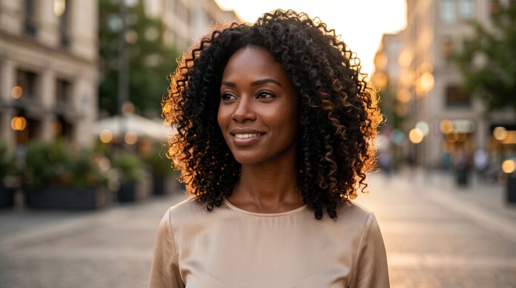 Mujer de piel oscura con cabello negro rizado y reflejos castaño chocolate en luz natural