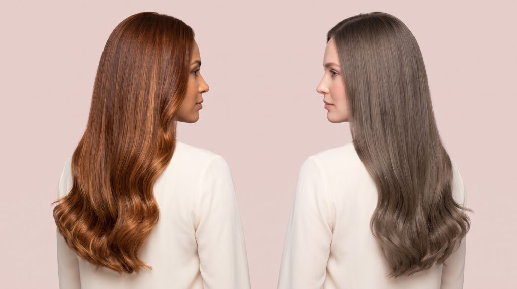 Dos mujeres, una con castaño cobrizo y otra con castaño ceniza, muestran colores de cabello para subtono cálido y frío