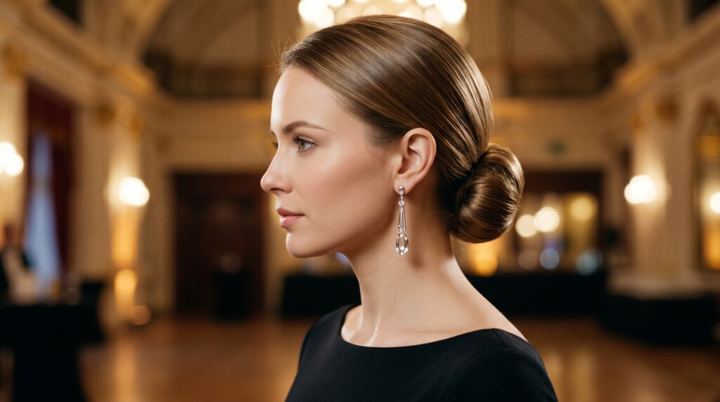 Mujer de perfil con chignon bajo pulido y brillante en la nuca y pendientes largos de cristal