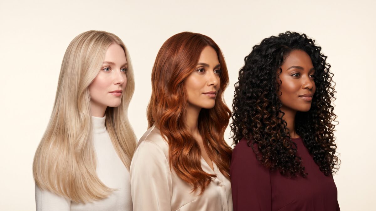 Tres mujeres con rubio beige, castaño cobrizo y negro con reflejos chocolate, colores de cabello según el tono de piel