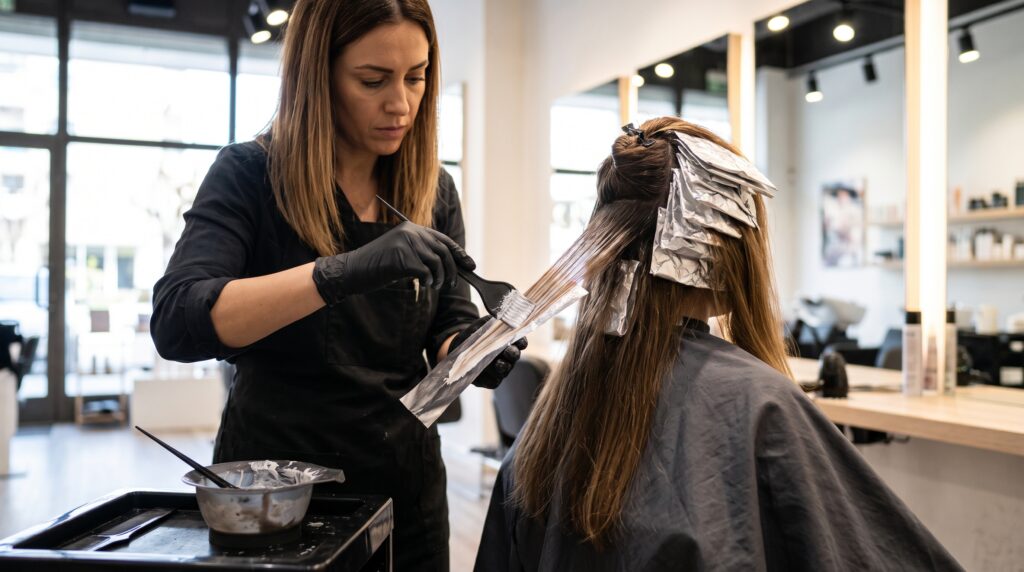 Colorista coloca mechas con papel de aluminio en el cabello castaño de una clienta en el salón