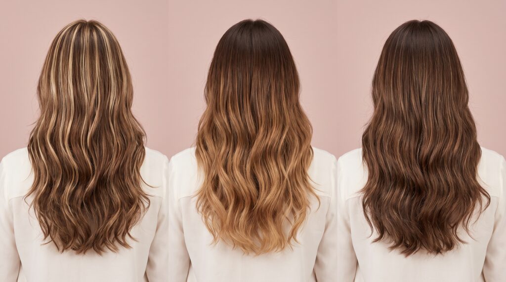 Comparativa de tres melenas de espaldas con mechas marcadas, balayage y babylights