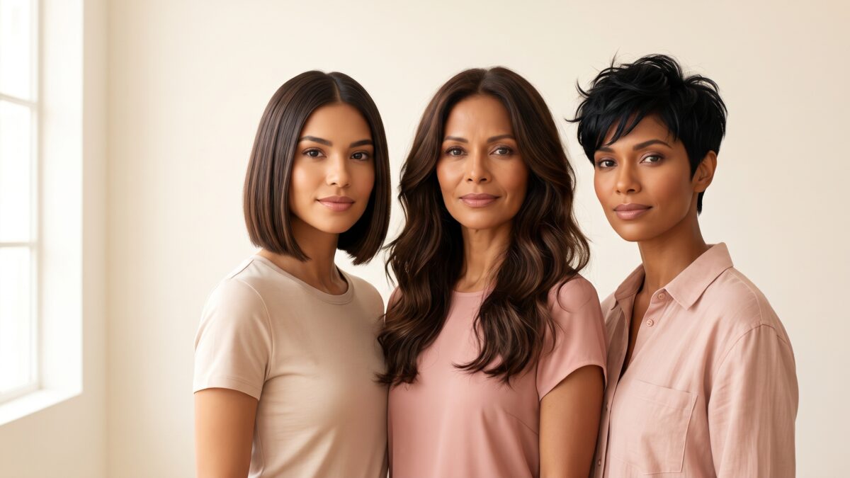 Tres mujeres con bob, melena ondulada en capas y pixie, cortes de cabello para distintas formas de rostro