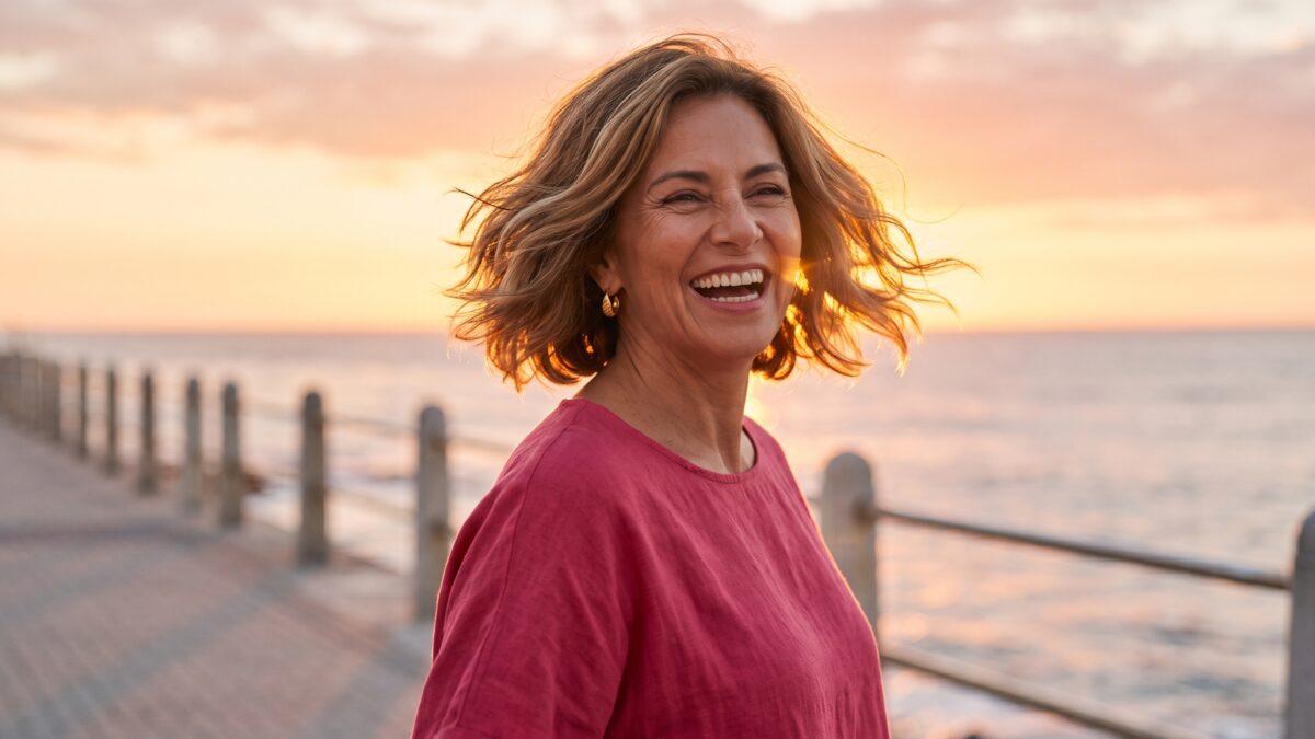 Mujer de unos 55 años riendo en un malecón al atardecer con bob desestructurado castaño con mechas en movimiento