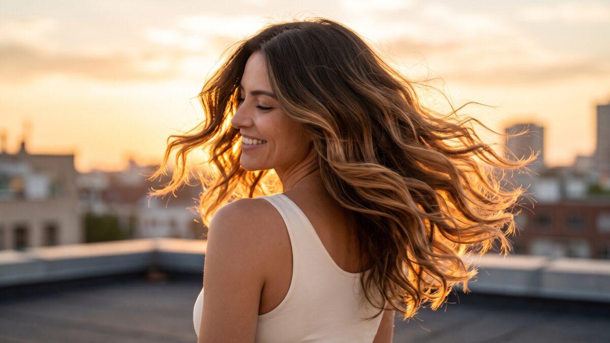 Mujer de espaldas mueve su melena ondulada con balayage miel y caramelo a contraluz al atardecer