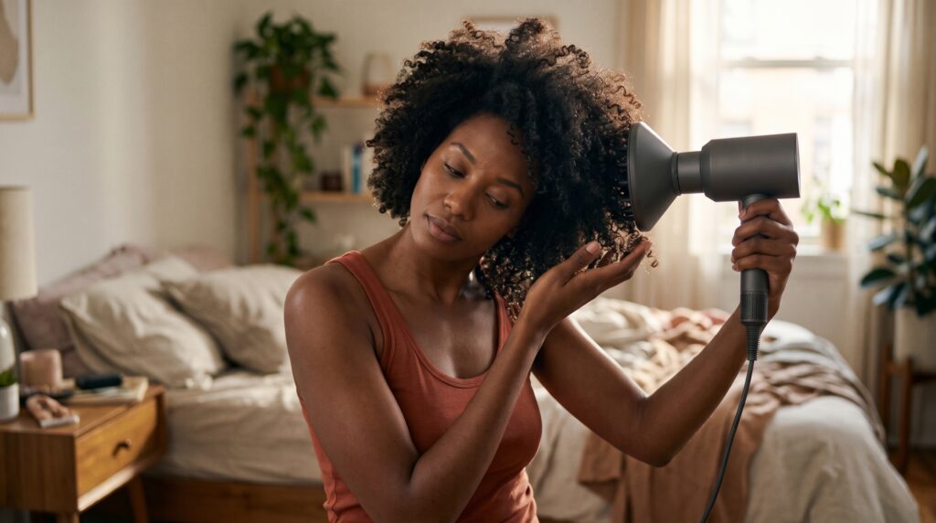 Mujer de piel oscura secando su cabello afro rizado con difusor con la cabeza inclinada hacia un lado