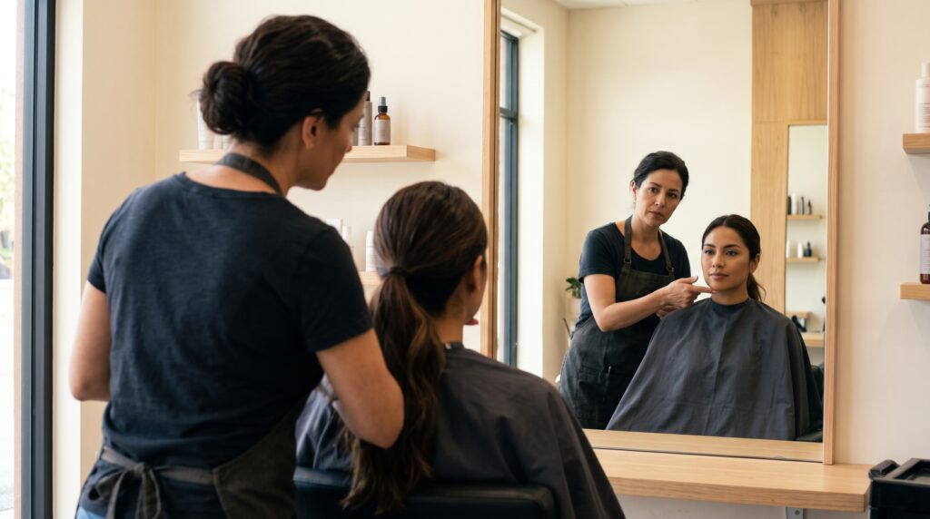 Estilista analiza la forma del rostro de una clienta con el cabello recogido frente al espejo del salón