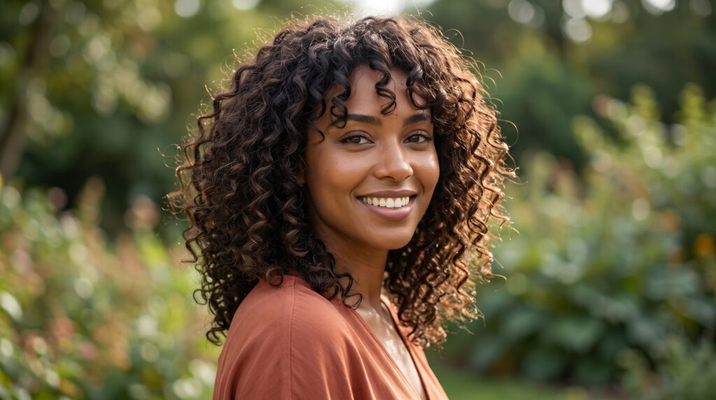 Mujer de piel morena con cabello rizado definido y flequillo cortina rizado que enmarca los ojos