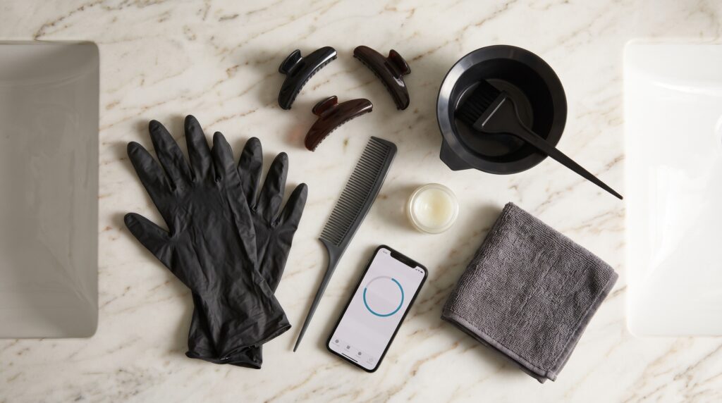 Mesa de baño con guantes, pinzas, peine, cuenco y pincel de tinte preparados para teñirse en casa