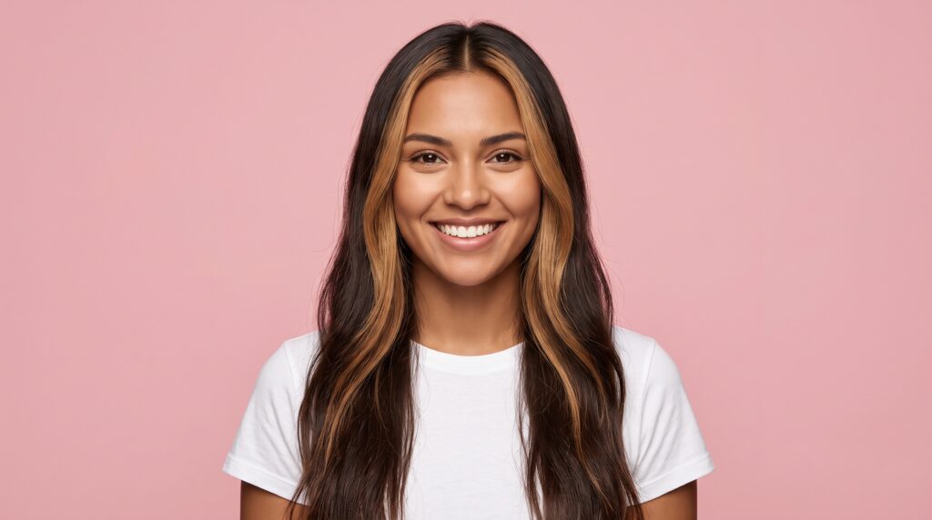 Mujer sonriente de frente con cabello castaño oscuro y dos mechones rubio miel que enmarcan el rostro