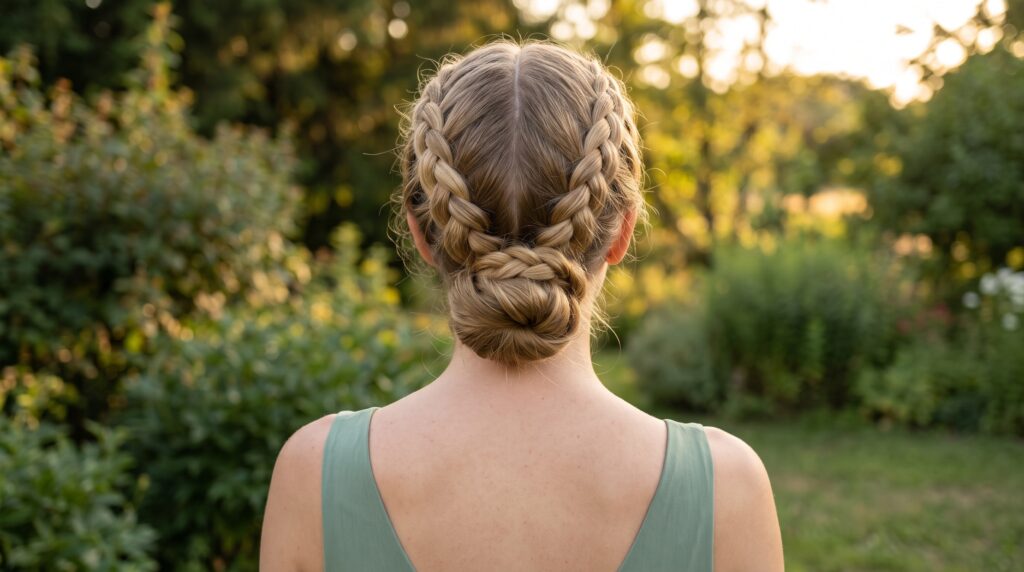 Mujer de espaldas con dos trenzas francesas desde la frente que se unen en un moño bajo en la nuca