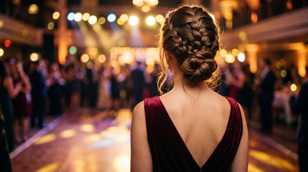 Mujer de espaldas en una fiesta con moño bajo con trenza francesa y vestido de espalda descubierta