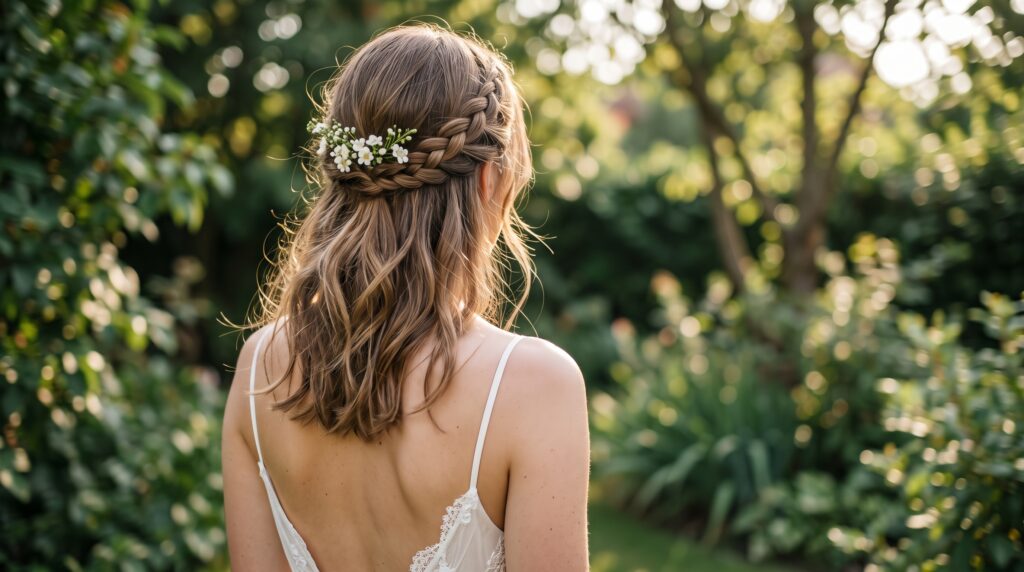 Novia con cabello medio castaño claro en semirrecogido de dos trenzas finas unidas en la nuca