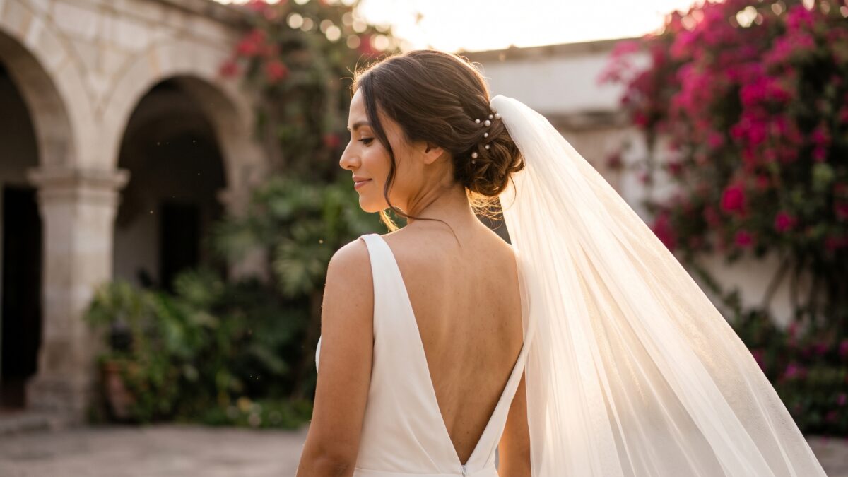Novia de espaldas con chignon bajo adornado con perlas y velo de tul flotando al atardecer