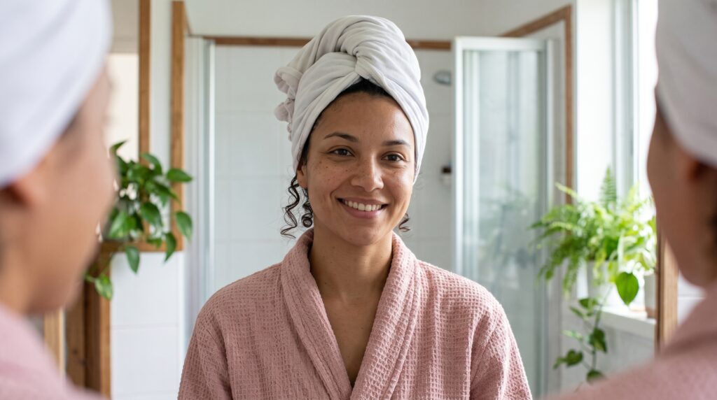 Mujer sonriente con el cabello rizado envuelto en una camiseta blanca anudada sobre la frente para hacer plopping