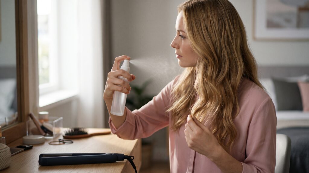 Mujer aplicando protector térmico con spray sobre su melena rubia miel antes de usar la plancha