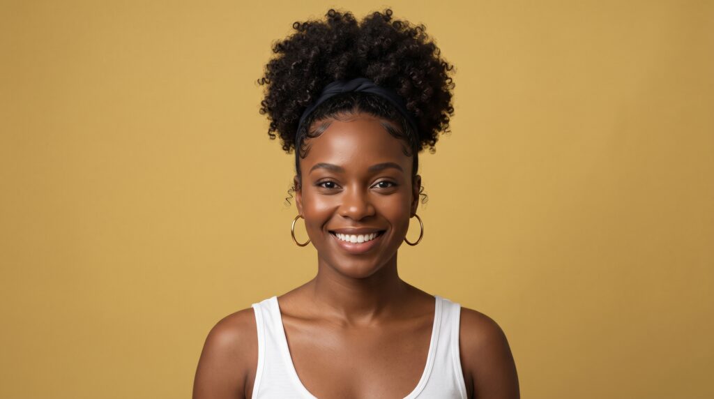 Mujer de piel oscura con cabello afro mediano recogido en un puff alto voluminoso y bordes definidos