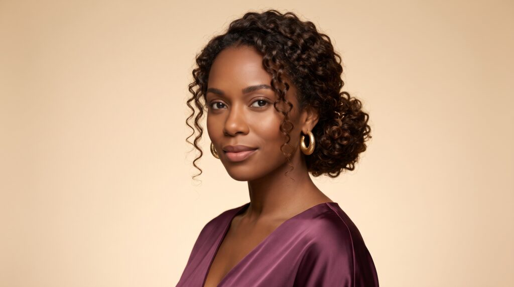 Mujer de piel oscura con recogido bajo voluminoso en cabello rizado natural y rizos sueltos junto al rostro