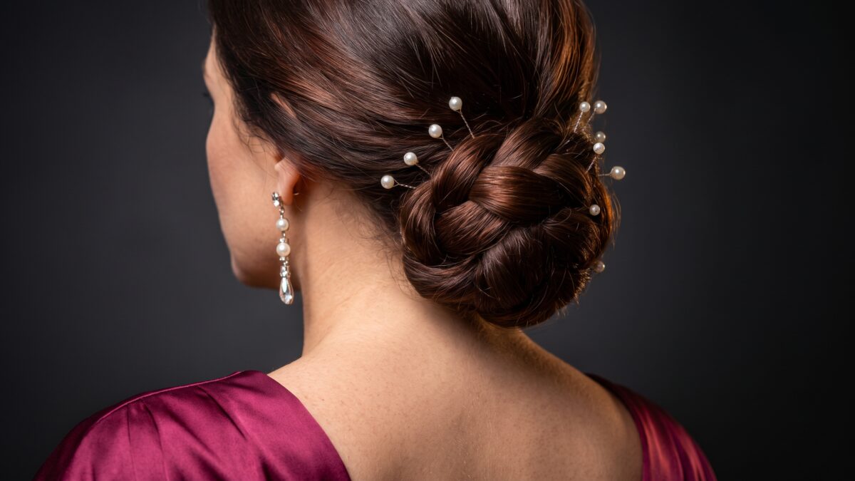 Detalle de un moño bajo con trenza enrollada y horquillas de perlas en la nuca de una mujer con vestido borgoña