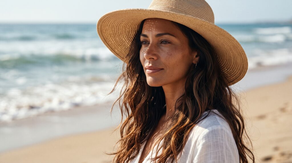Mujer con sombrero de ala ancha y melena teñida color chocolate bajo el sol en un día de playa