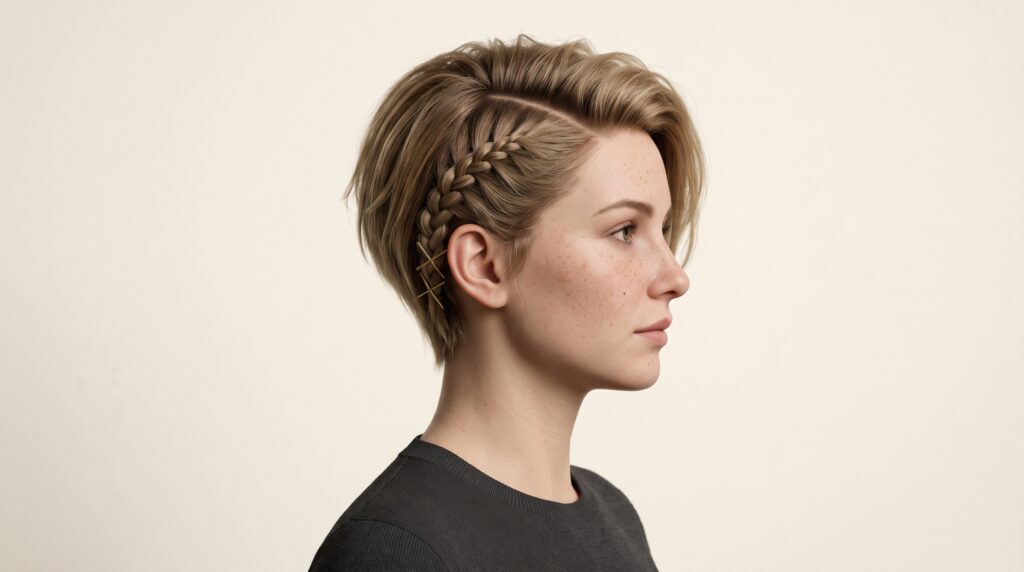 Mujer con pixie largo rubio oscuro y trenza francesa lateral pegada desde la sien hasta detrás de la oreja